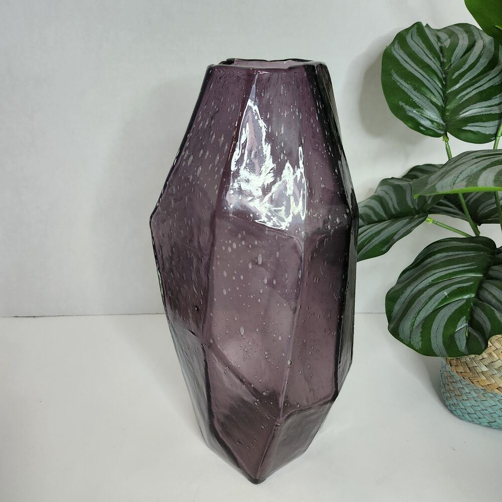 Vtg Rare Anthropologie 11.5”x 5” Faceted Gemetric Art Gem Amethyst Glass Vase